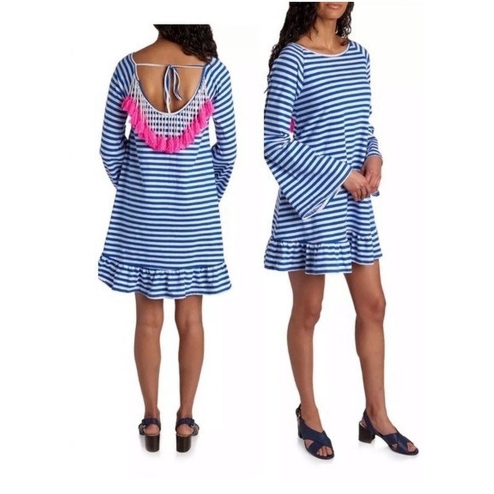 NWOT Philosophy M BLue White Stripe Neon Pink Fringe Back 105201